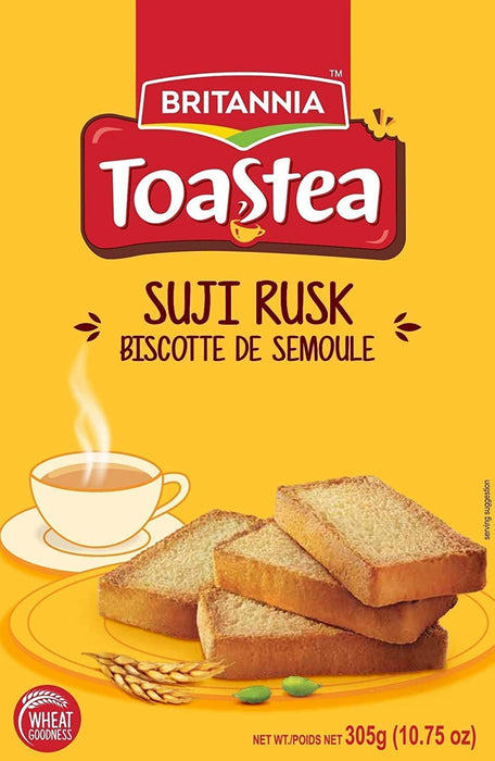 BRITANNIA Toastea Suji Rusk 10.75oz (305g) - Biscotte De Semoule - Crispy Tea Time Snack - Crispy Crunchy Toast - Halal and Suitable for Vegetarians (Pack of 4)