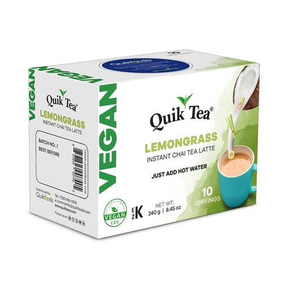 QuikTea Vegan Lemongrass Instant Chai Tea Latte - 10 Count Single Box - Easy Ayurvedic Dairy Free Alternative - All Natural Non GMO Superfood