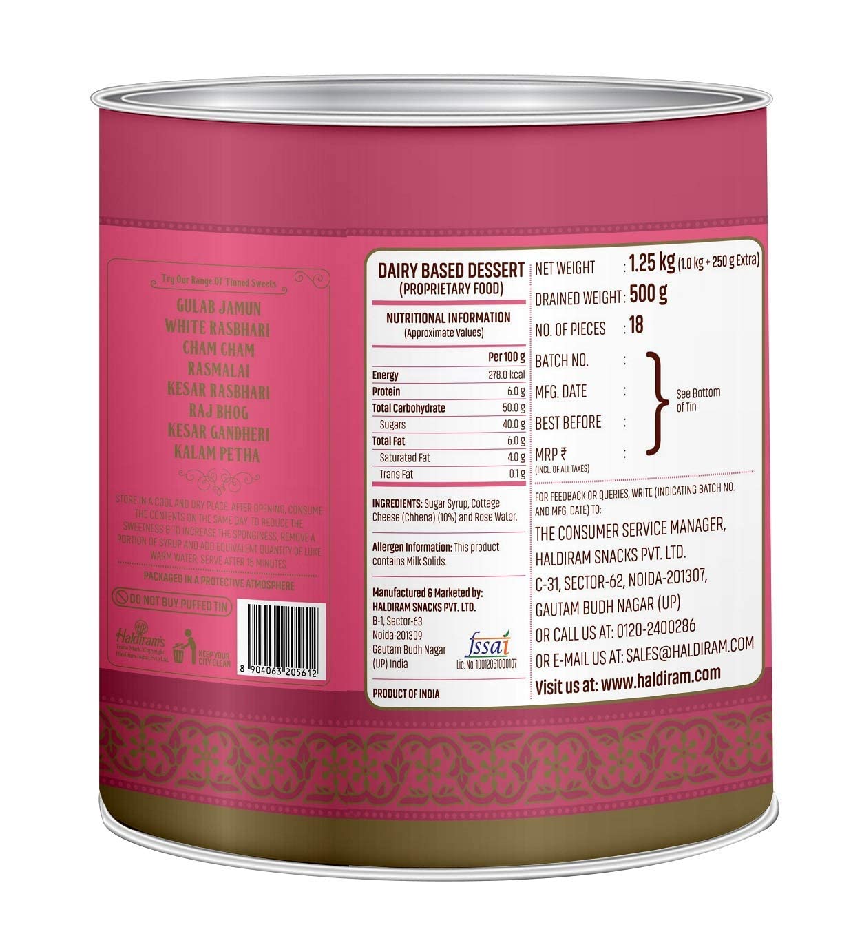 Haldiram's Gulab Jamun & Rasgulla Combo Pack 1 Kg Tin X 2 Pcs