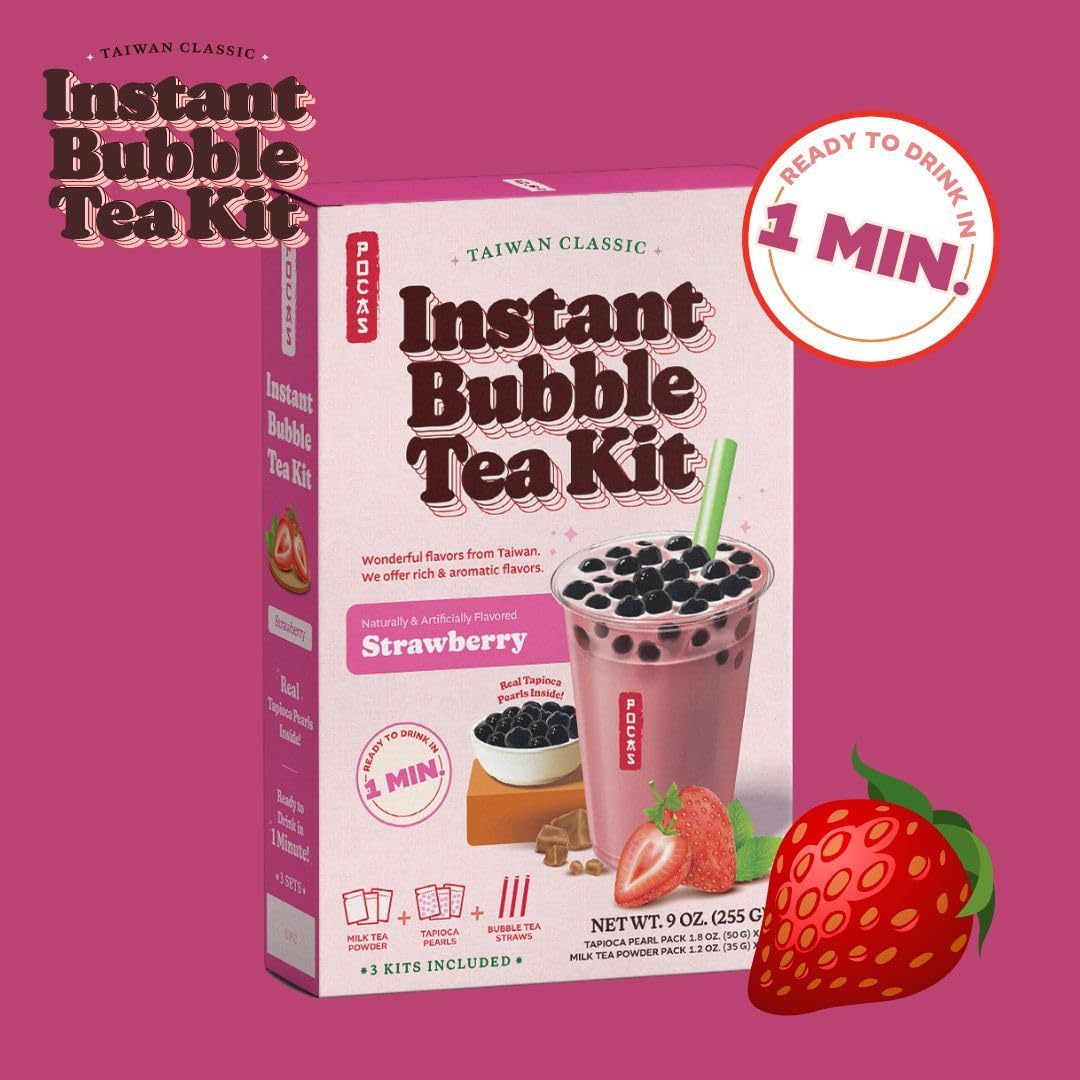 Pocas Bubble Tea Kit, Strawberry Instant Milk Tea Powder with Authentic Tapioca Pearls for Instant Bubble Tea, 5 Kits