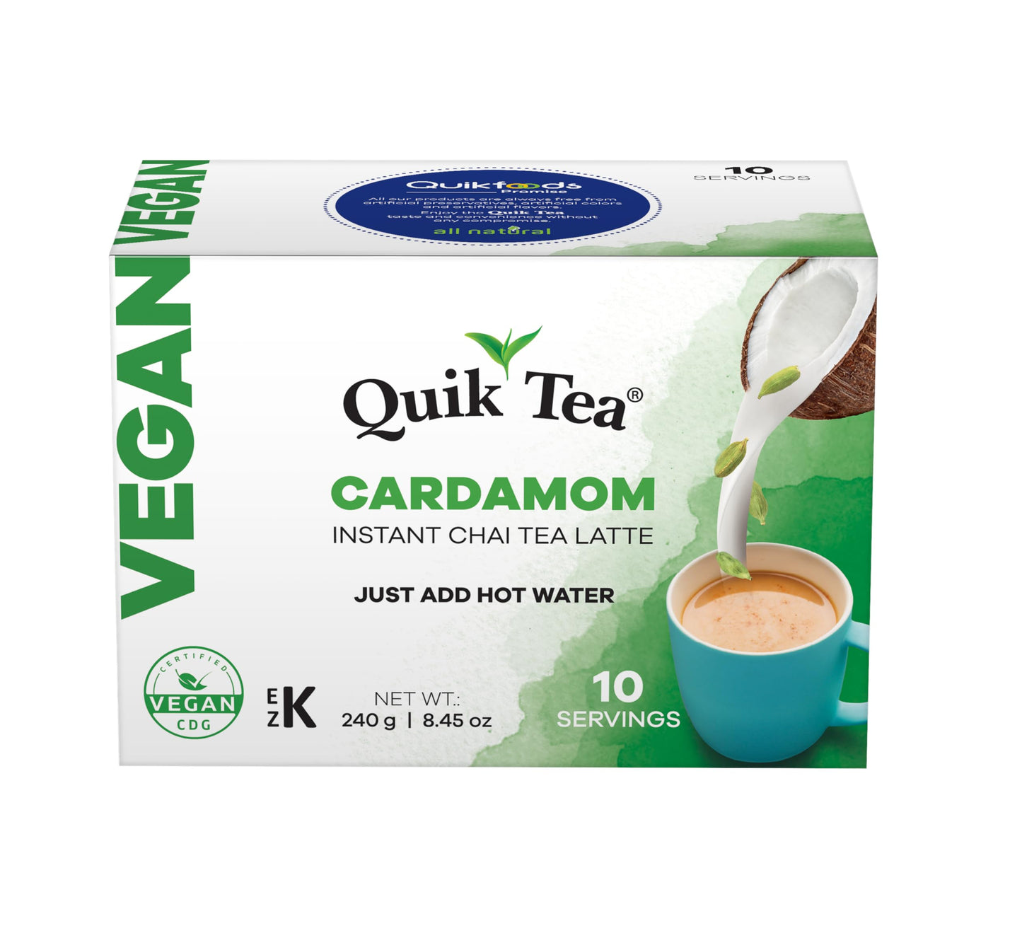 QuikTea Vegan Cardamom Instant Chai Tea Latte - 10 Count Single Box - Easy Ayurvedic Dairy Free Alternative