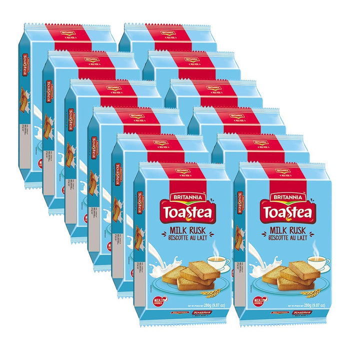 BRITANNIA Toastea Milk Rusk 9.87oz (280g) - Biscotte Au Lait - Crispy, Crunchy Tea Moments - Breakfast & Tea Time Snacks - Halal and Suitable for Vegetarians (Pack of 12)