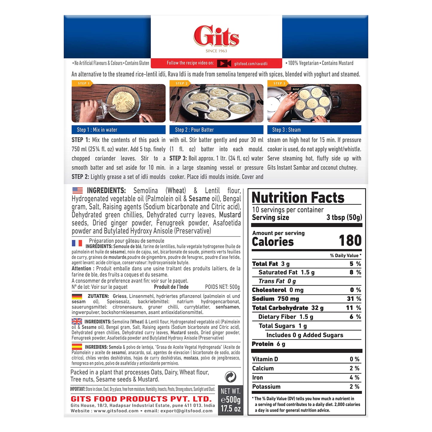 Gits Rava Idli Mix, 87.5 Oz (Pack of 5 X 17.5 Oz Each) Ready to Cook Indian Breakfast, Snack Meal | 100% Vegetarian, Easy Recipe, No Artificial Colors, Flavors, Preservatives. Vegan.