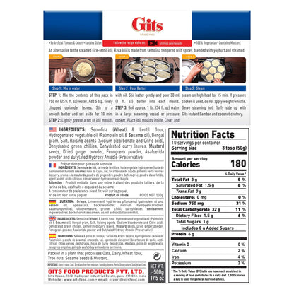 Gits Rava Idli Mix, 87.5 Oz (Pack of 5 X 17.5 Oz Each) Ready to Cook Indian Breakfast, Snack Meal | 100% Vegetarian, Easy Recipe, No Artificial Colors, Flavors, Preservatives. Vegan.