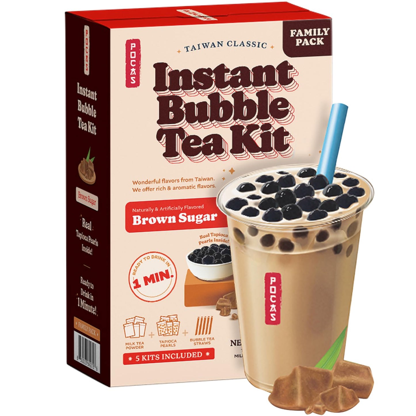 Pocas Bubble Tea Kit, Brown Sugar Instant Milk Tea Powder with Authentic Tapioca Pearls for Instant Bubble Tea, 5 Kits