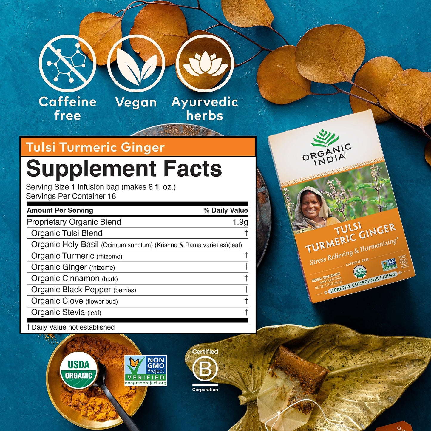 Organic India Tulsi Turmeric Ginger - 18 infusion bags - Food / Masala / Dal