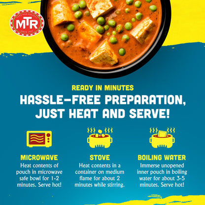 MTR Ready to Eat Mutter Paneer Masala | Spiced Green Peas and Cottage Cheese in Gravy | Pack of 6 (10.58 Oz Each) | Authentic Indian Food | Medium Spicy | Just Heat and Eat | No Preparation | No additives | Gluten Free