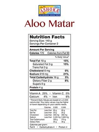 Ashoka Ready to Eat Indian Meals Since 1930, 100% Vegan Aloo Matar, All-Natural Traditionally Cooked Indian Food, Plant-Based, Gluten-Free and with No Preservatives, 10 Ounce