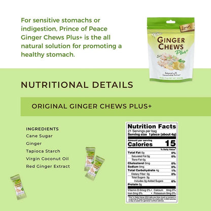 Prince of Peace Ginger Chew Plus+ with Lemon, 3 oz. Bag Digestive Aid, Relief, Healthy Candy, Stomach Aid