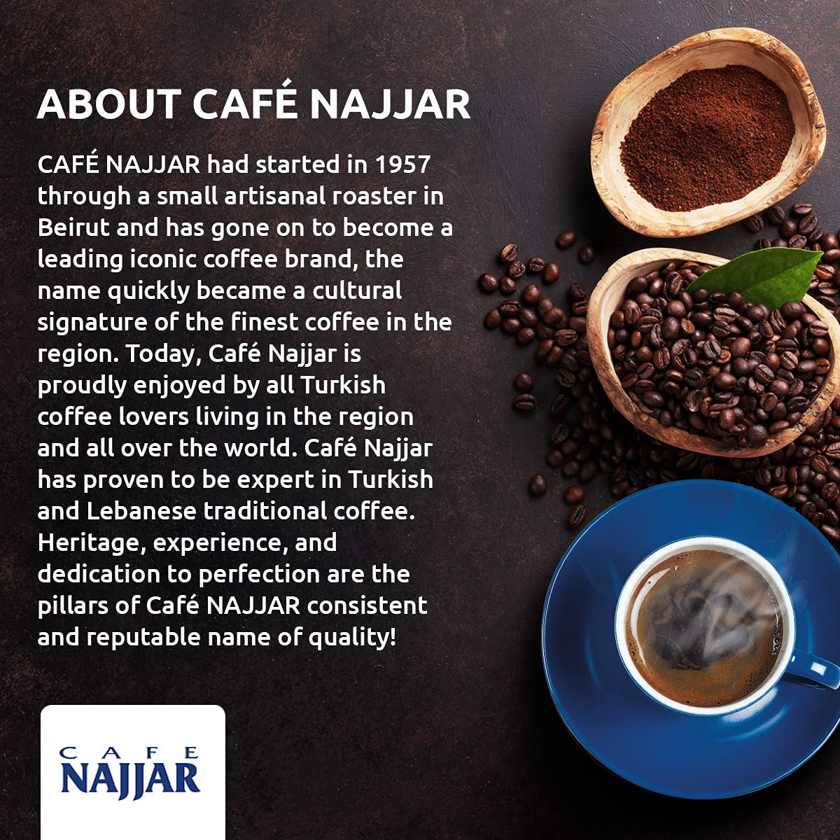 Caf Najjar, Turkish Coffee, 100% Arabica Coffee Beans, Ground Coffee, Dark Roast, Lebanese Coffee, Arabic Coffee, Coffee Beverages, Works with Turkish Coffee Machine. (1, 1 Pound)