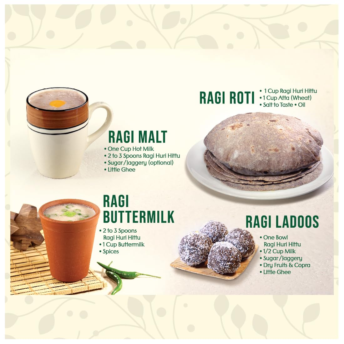 INDIRA Indira??s Ragi Huri Hittu, Tasty Popped Ragi Flour (400g Each, Pack of 2), Sugar Free Ragi Malt Mix, Instant Ragi Porridge Mix, Ragi Laddu Mix, Popped Finger Millet