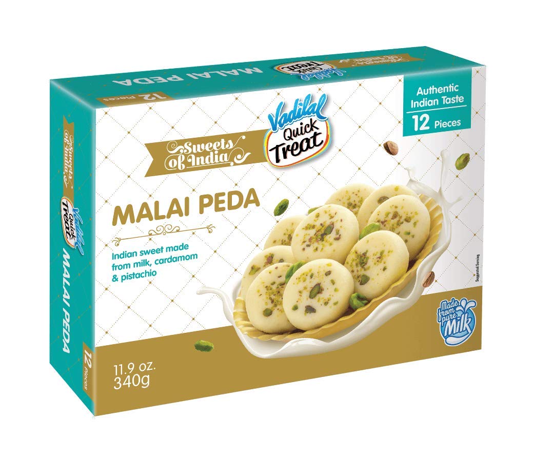 Vadilal Malai Peda 340 Grams (12pcs) Authentic Indian Sweet Made with Milk ,Cardamom & Pistachio..