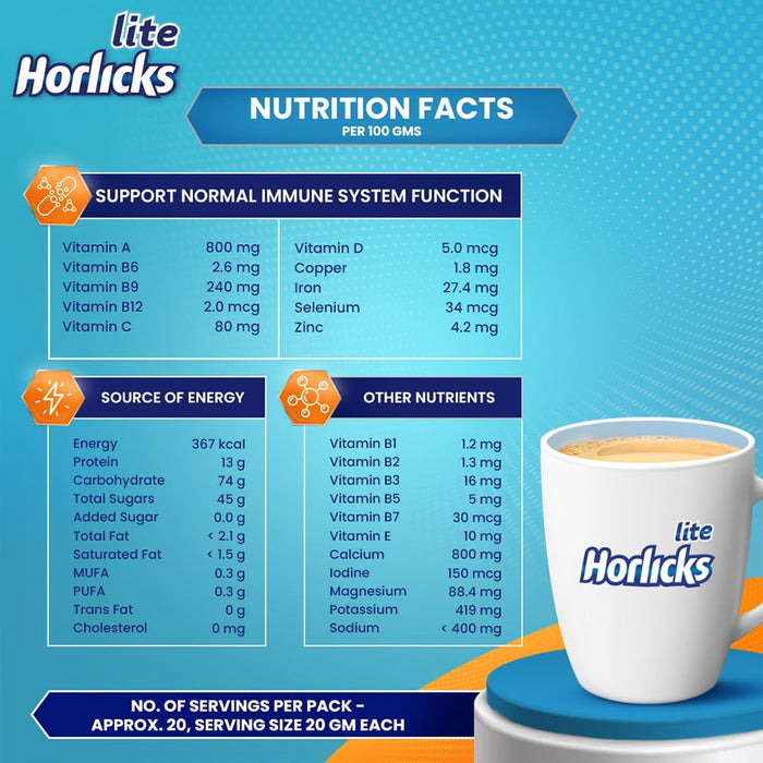Horlicks Lite Health & Nutrition drink - 450 g Pet Jar (Regular Malt)
