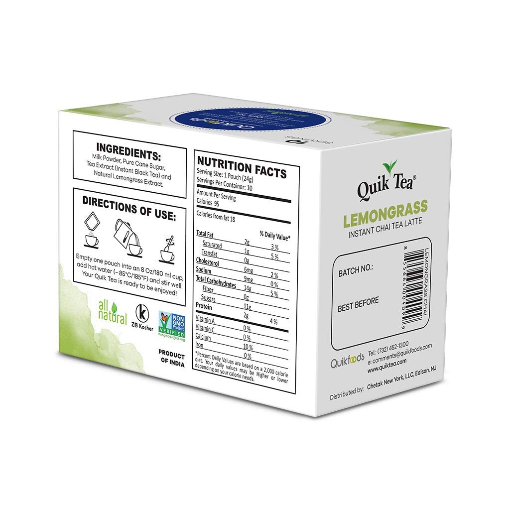 QuikTea Chai Tea Latte, Lemongrass, 100 Count - Indian Tea