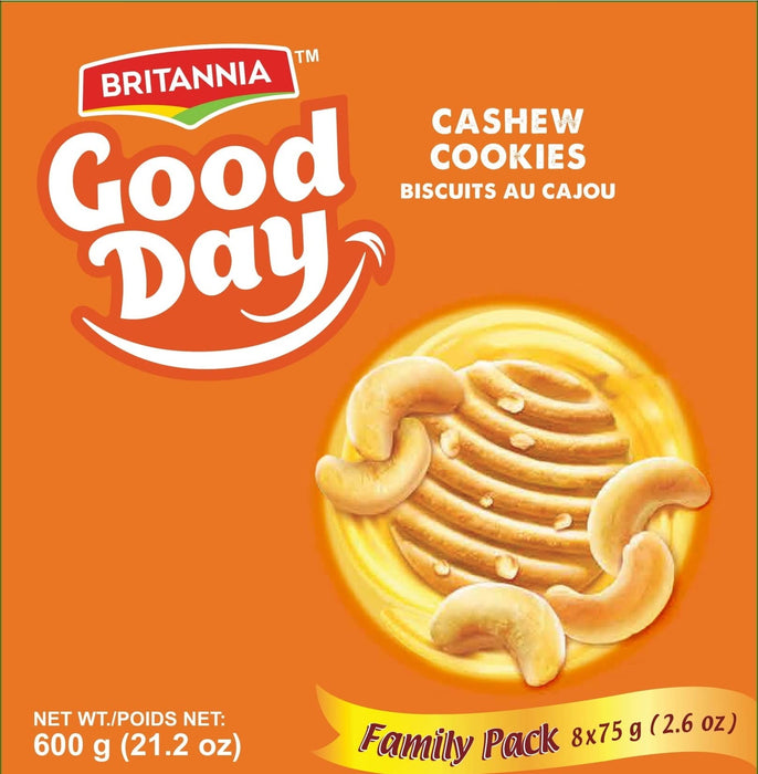 BRITANNIA Good Day Cashew Cookies Family Pack 21.2oz (600g) - Breakfast & Tea Time Snacks - Delicious Grocery Cookies - Halal and Suitable for Vegetarians (Pack of 4)