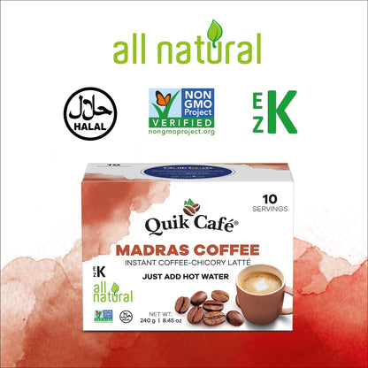 Quik Caf Madras Coffee - Single Box 10 Count - All Natural & Preservative Free Instant Coffee.