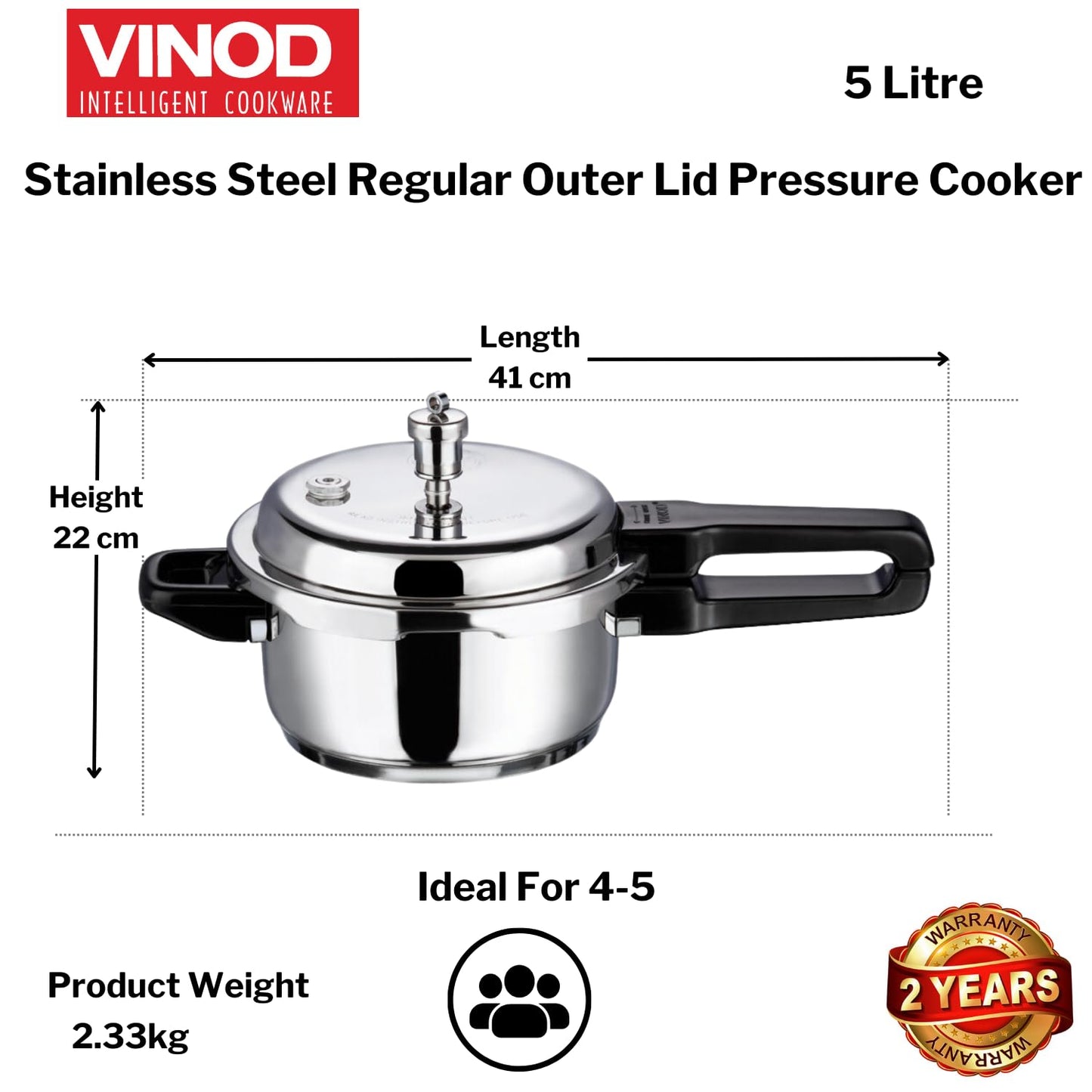 Vinod St. Steel Pressure Cooker 5 Litres - Indian Cookware