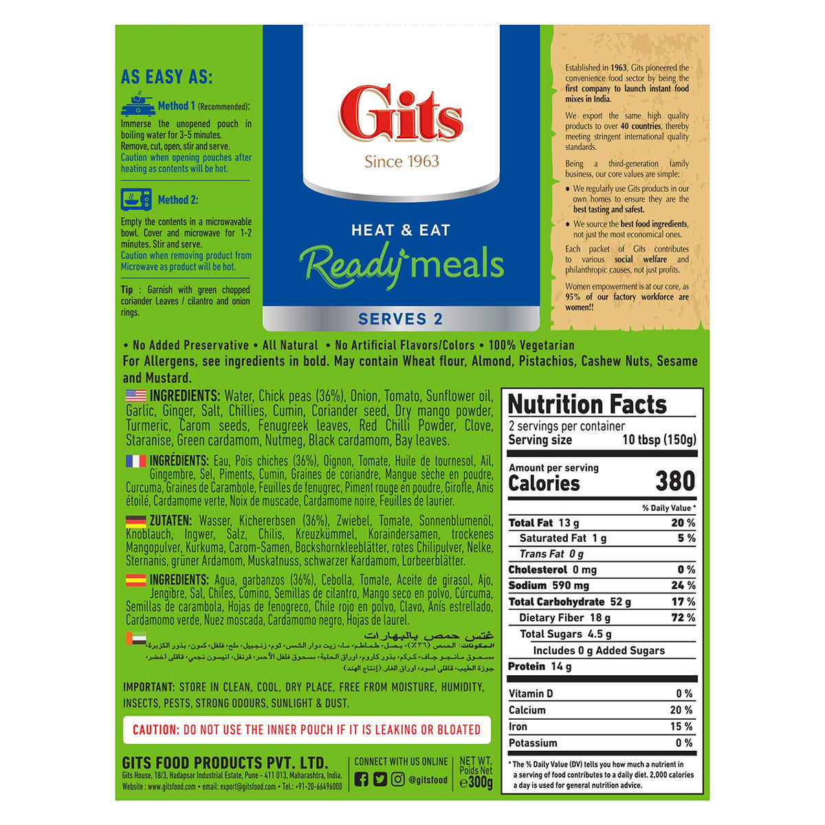 Gits Veg Biryani (long grain aromatic Indian Basmati rice) + Chickpeas masala (Chana Masala) Large Chickpeas cooked in a light Onion & tomato with mild spices. Microwave for 1-2 mins. Ready to Eat.