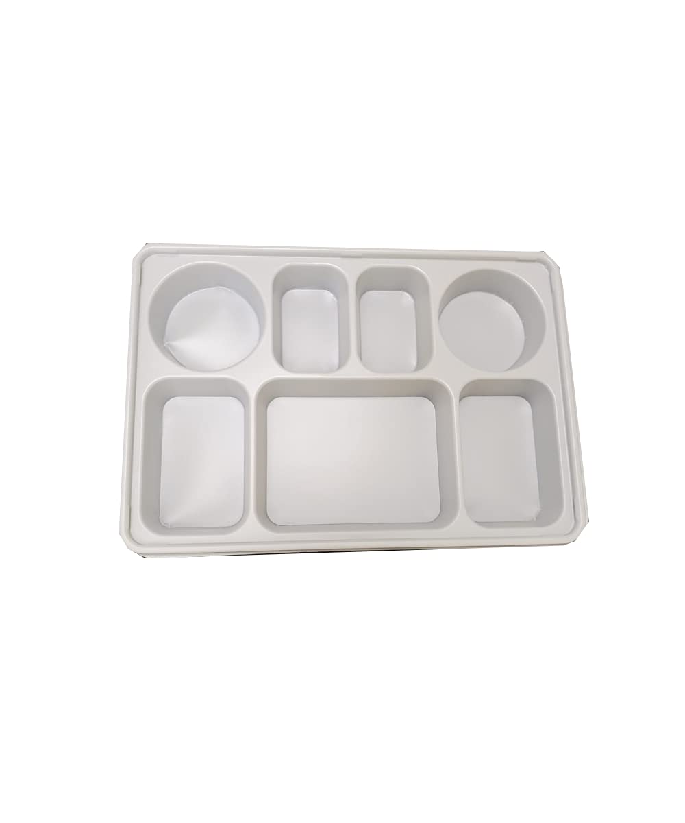 7 Compartment White Disposable Plastic Plates w/ Lid- 100pcs