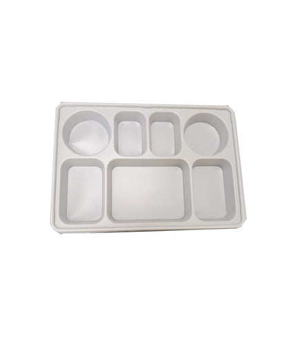 7 Compartment White Disposable Plastic Plates w/ Lid- 100pcs
