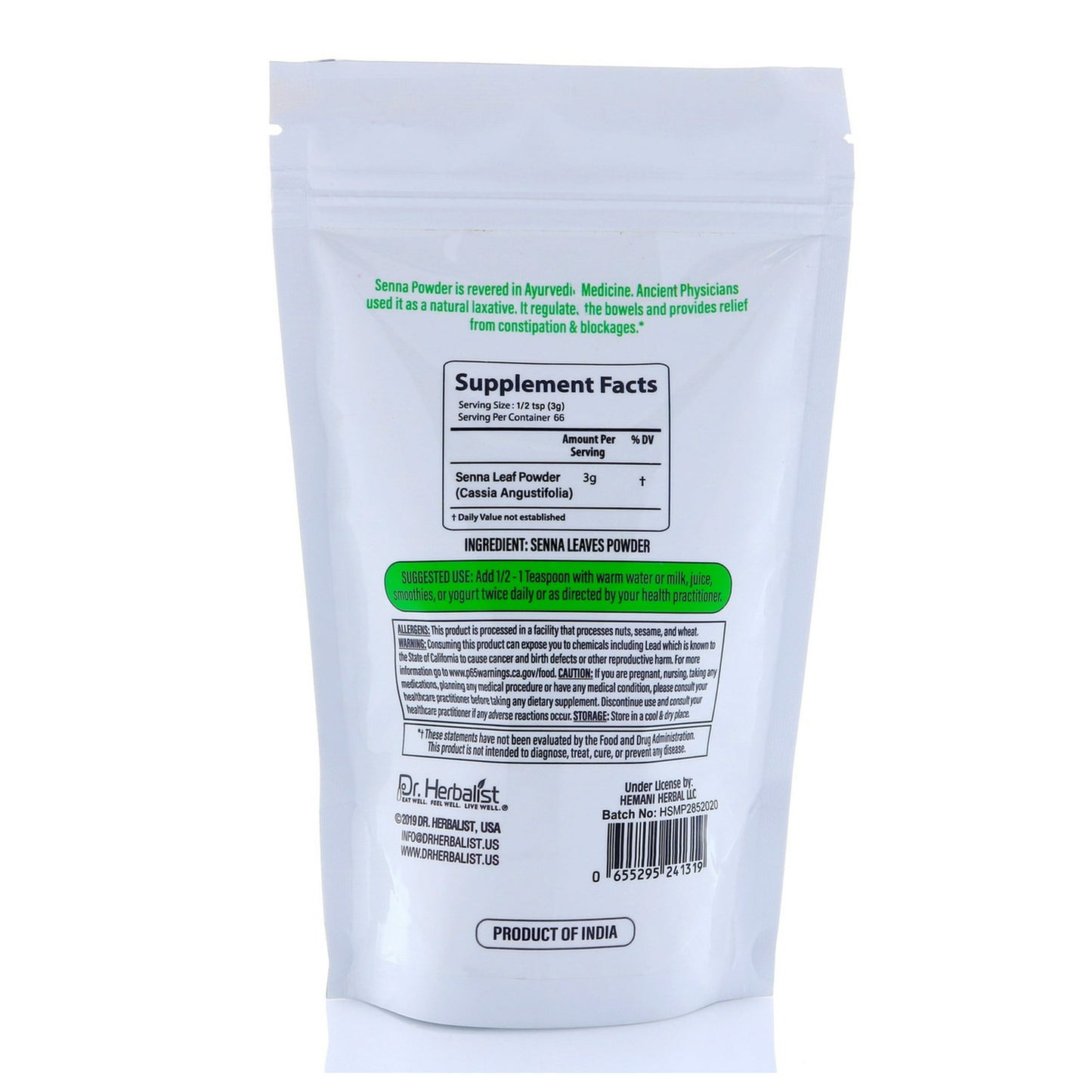 Dr. Herbalist Natural Senna Leaf Powder I Cassia Angustifoua I Sanay I 200g - 7oz
