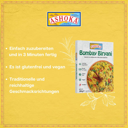 Ashoka Ready to Eat Microwavable Rice Since 1930, 100% Vegan Bombay Biryani, All-Natural Instant Rice, Plant-Based, Gluten Free, and with No Preservatives, 10 Ounce