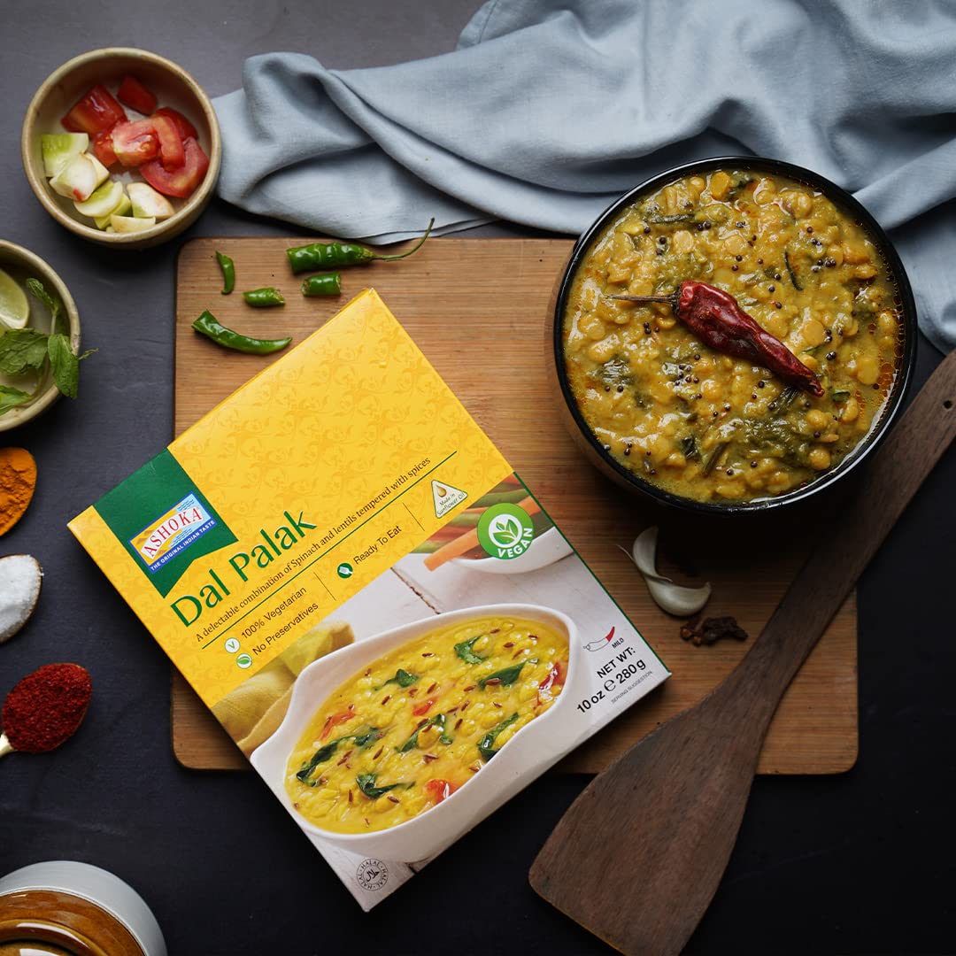 Ashoka Since 1932, All-Natural, Spinach and Lentils, Ready to Eat Meals, On the Go Prepared Meals, Traditionally Cooked Indian Food with No Preservatives, Plant-Based, Vegan Meal Pack of 5