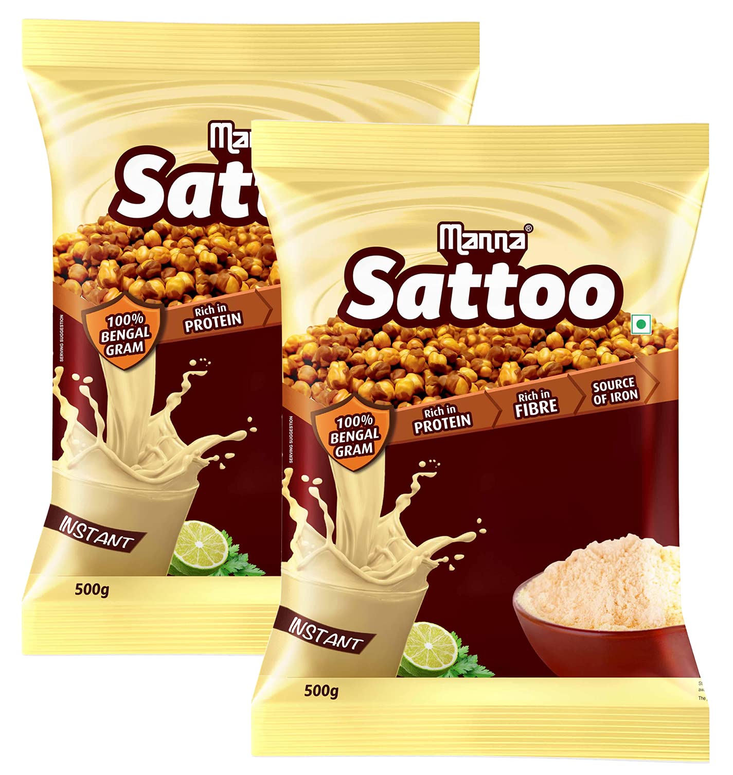Manna Sattu/Sattoo Drink Mix (Natural) - Indian Protein Mix, High Fibre, Healthy Roasted Chickpeas Flour - 1 Kg (500g x 2 Packs)