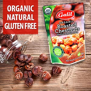 Galil Organic Roasted Chestnuts Pack of 12 Shelled & Ready to Eat - Gluten Free, Vegan, Organic, Non-GMO, Kosher Snacks - Great for Baking, Cooking & Turkey Stuffing 3.5oz Bags