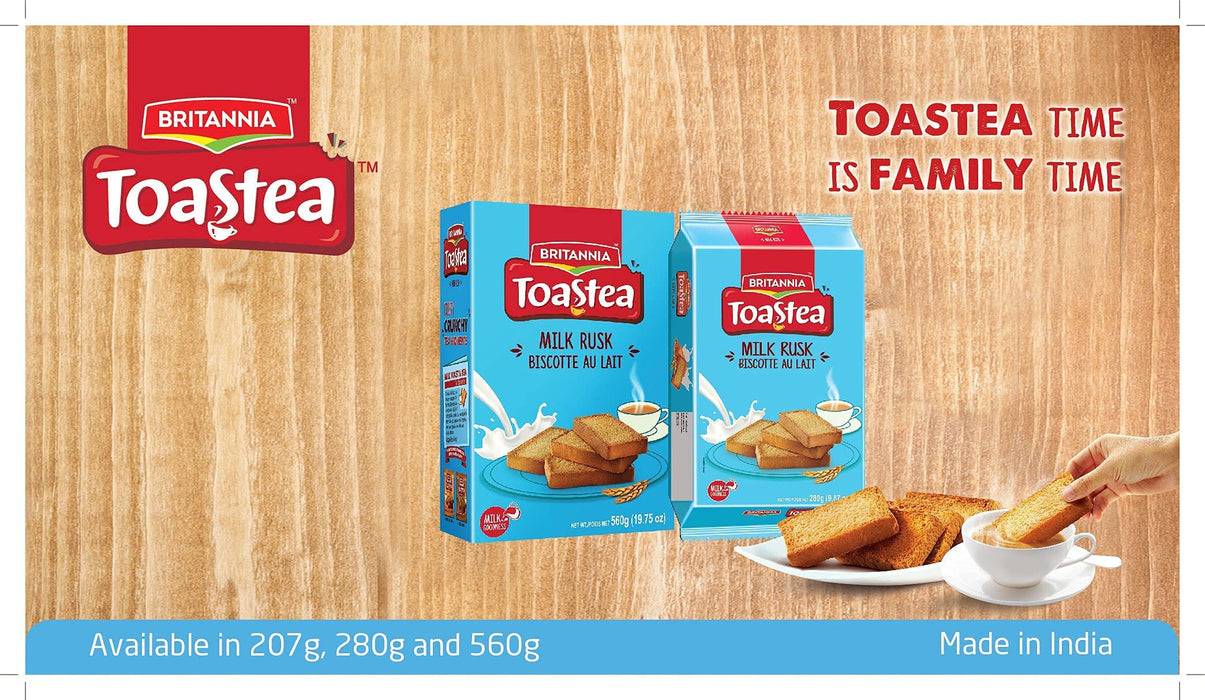 BRITANNIA Toastea Milk Rusk 9.87oz (280g) - Biscotte Au Lait - Crispy, Crunchy Tea Moments - Breakfast & Tea Time Snacks - Halal and Suitable for Vegetarians (Pack of 12)