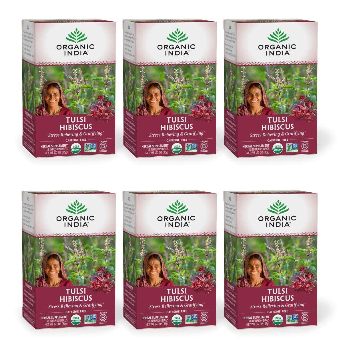 Organic India Tulsi Hibiscus Herbal Tea - Holy Basil, Stress Relieving & Gratifying, Immune Support, Adaptogen, Vegan, USDA Certified Organic, Non-GMO, Caffeine-Free - 18 Infusion Bags, 6 Pack