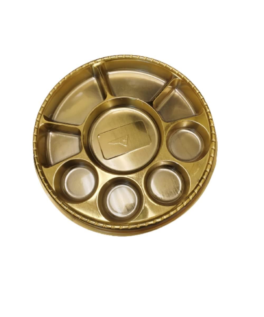 Mahavir 9 Compartment Disposable Gold Plates - Indian Thali Plastic Tray (Plates, 100)