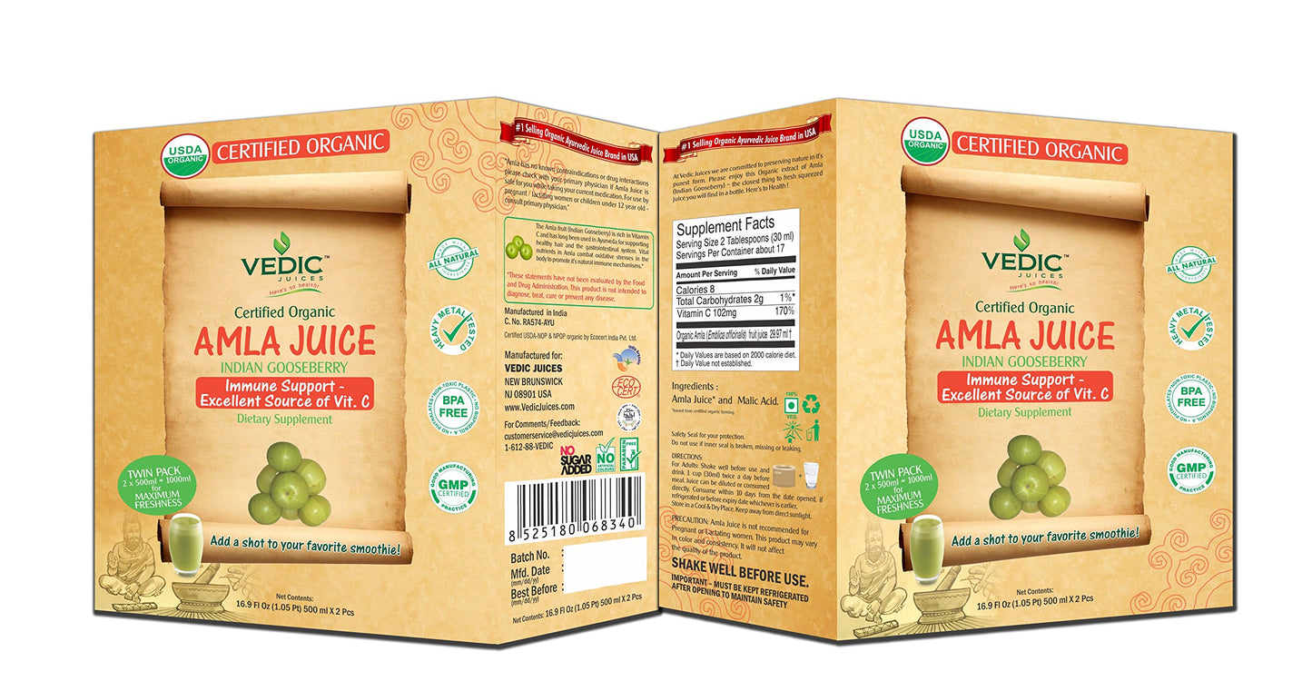 Vedic Organic Amla Juice | Immunity Boosting, Excellent Source of Vitamin C 500ml x 2