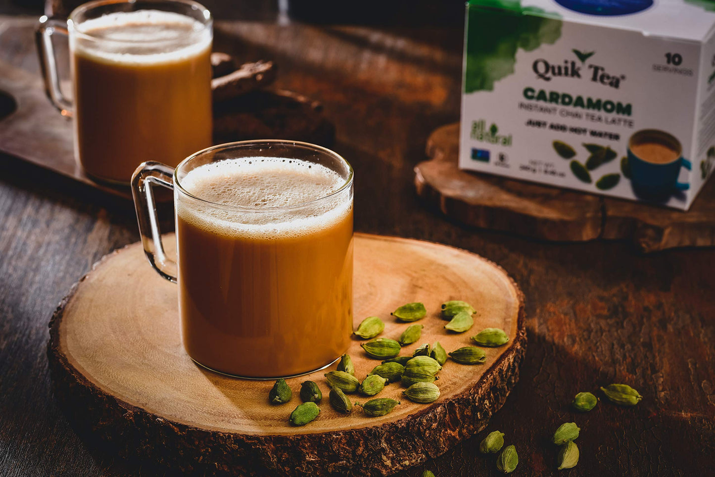 QuikTea Unsweetened Cardamom Chai Tea Latte - 100 Count (10 Boxes of 10 Each) - All Natural Preservative Free Authentic Instant Chai
