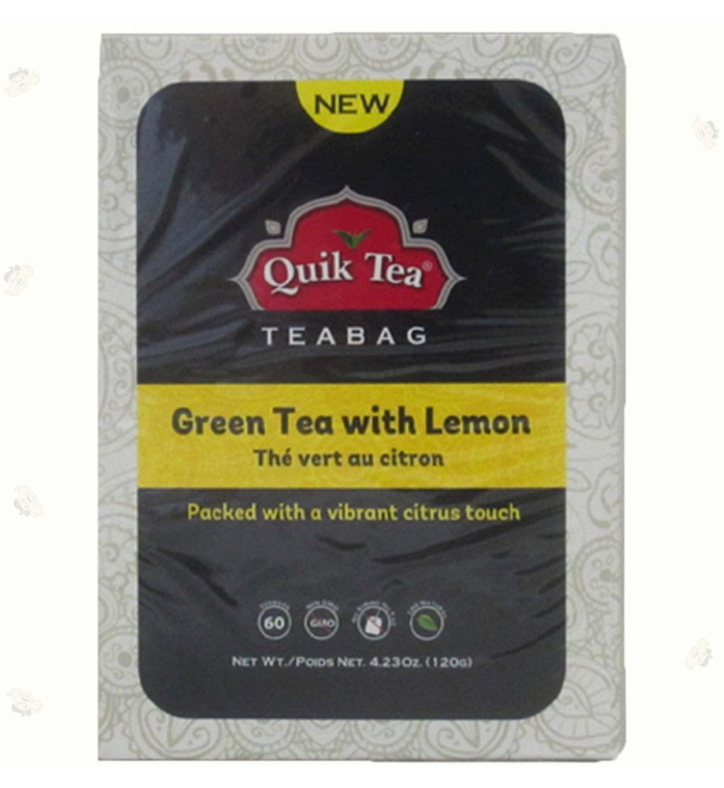 QuikTea Green Tea with Lemon Teabags - Single Box 60 Count - All Natural Preservative Free Teabags from Assam