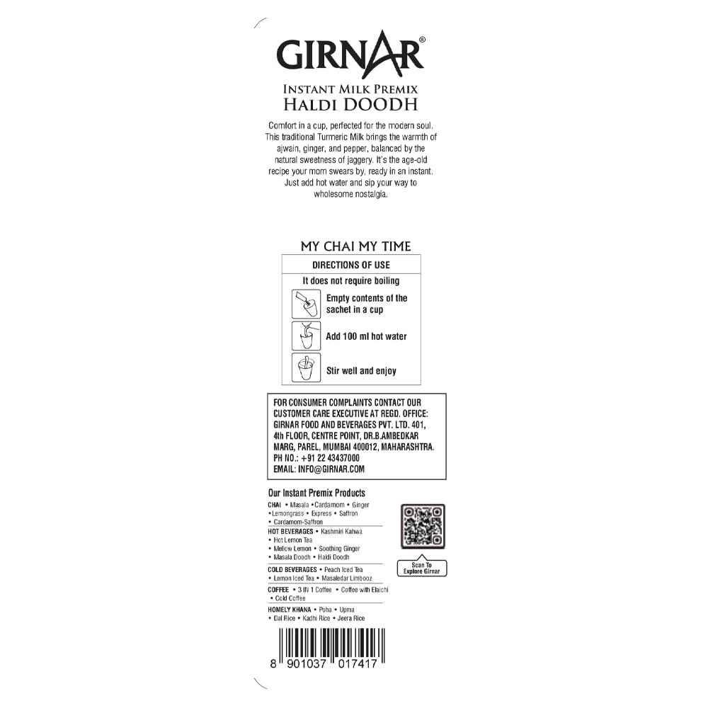 Girnar Instant Milk Premix with Turmeric and Spices 3.17 oz (90 g) | 5 Single Serve Sachets | Easy Chai (Just add Hot Water and Stir) (Single Pack)