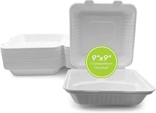 400 Pack 9" X 9" 3 COMPARTMENT BAGASSE CLAMSHELL. Heavy-Duty- Super Strong- Natural- Eco-Friendly Disposable Bagasse Clamshell, 100% Biodegradable 9 inch clamshell