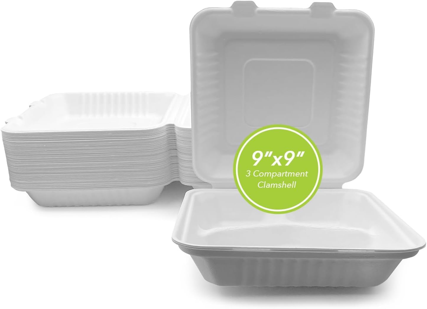 100 Pack 9" X 9" 3 COMPARTMENT BAGASSE CLAMSHELL. Heavy-Duty- Super Strong- Natural- Eco-Friendly Disposable Bagasse Clamshell, 100% Biodegradable 9 inch clamshell (100)