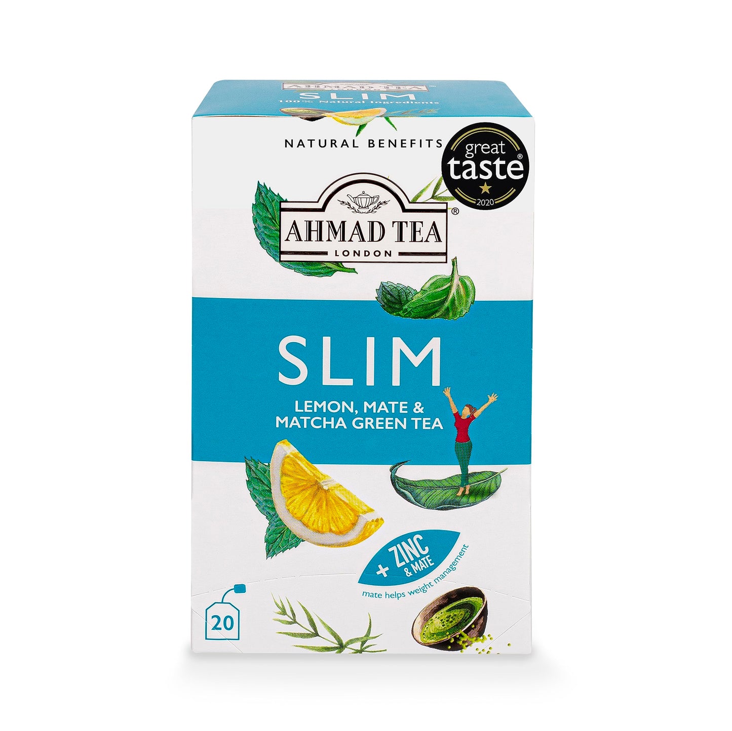 Ahmad Tea Green Tea, Lemon, Mate, & Matcha 'Slim' Natural Benefits Teabags, 20 ct (Pack of 6) - Caffeinated & Sugar-Free