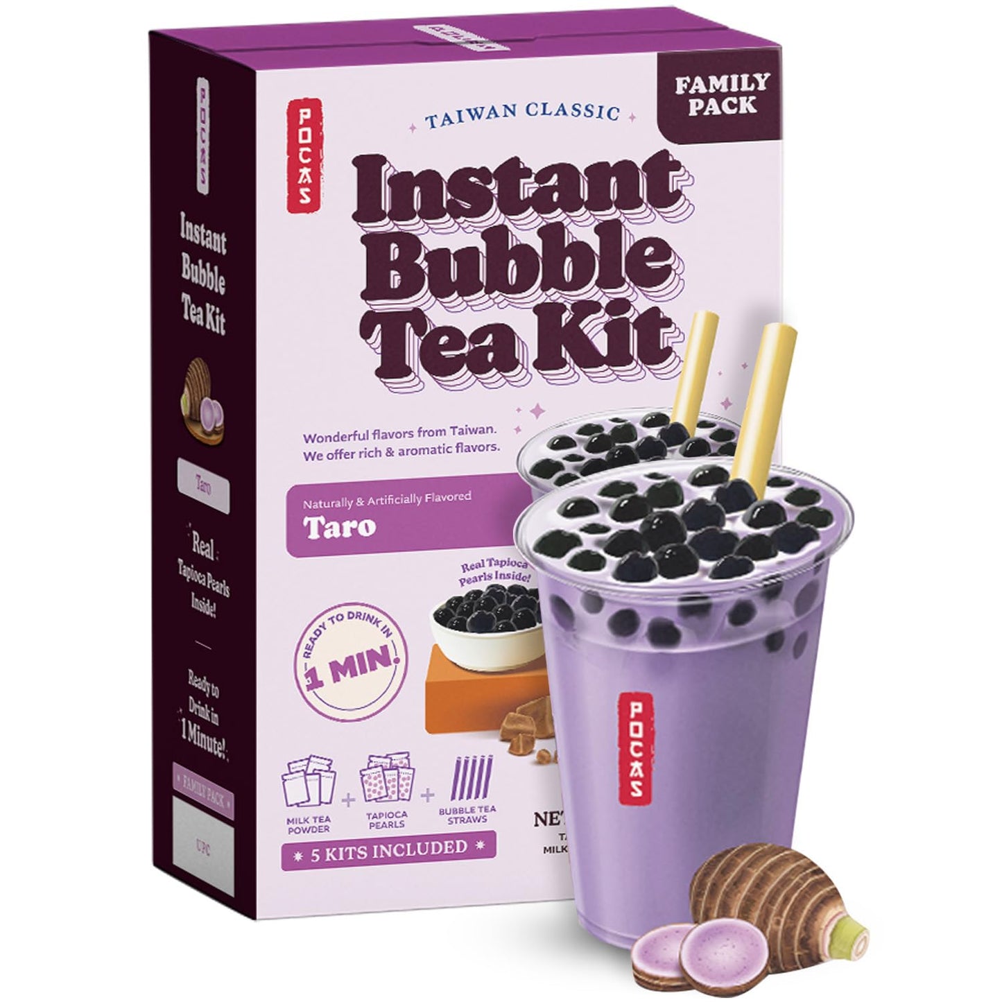 Pocas Bubble Tea Kit, Taro Instant Milk Tea Powder with Authentic Tapioca Pearls for Instant Bubble Tea, 5 Kits