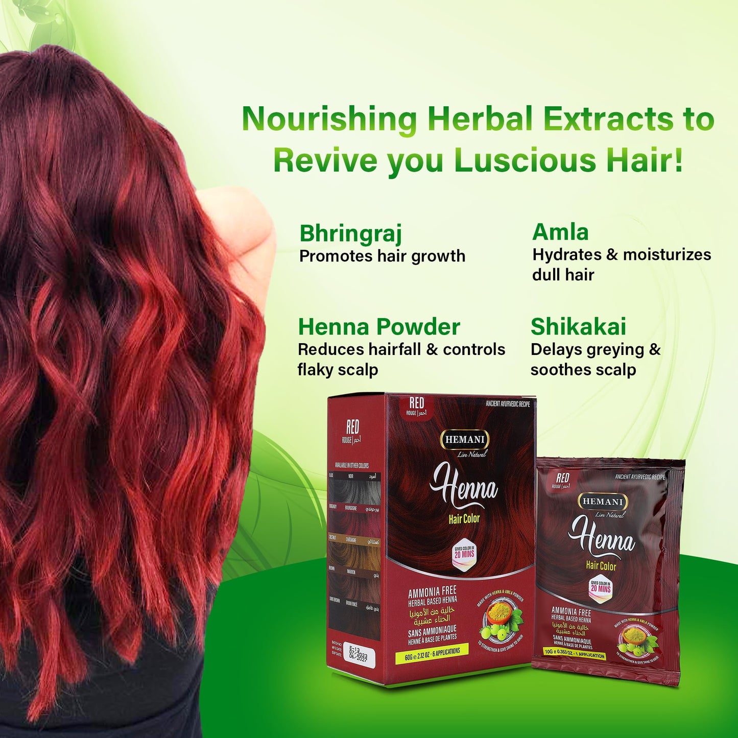 HEMANI Hair Henna Color 2.12 OZ (60g) 6 Applications, Colors in 20 Minutes - Ammonia Free - Herbal Based Henna (Red)