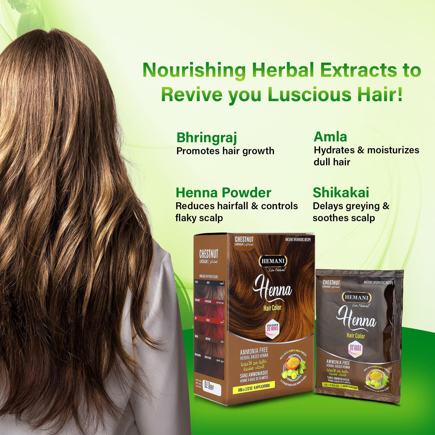 HEMANI Hair Henna Color 2.12 OZ (60g) 6 Applications, Colors in 20 Minutes - Ammonia Free - Herbal Based Henna (Chestnut)