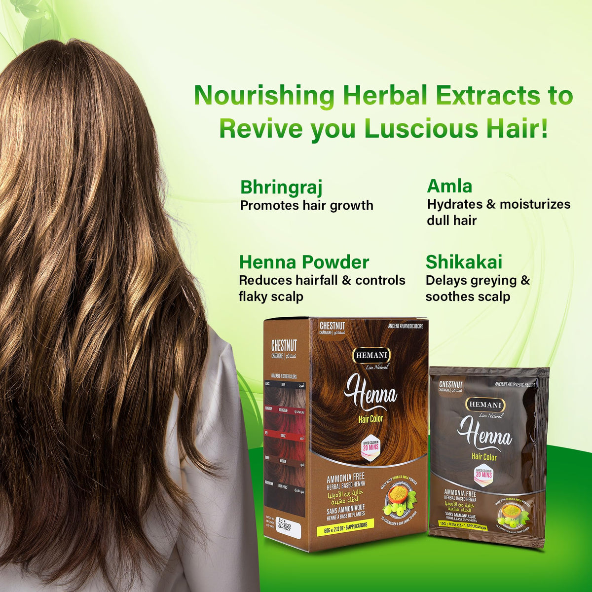 HEMANI Hair Henna Color 2.12 OZ (60g) 6 Applications, Colors in 20 Minutes - Ammonia Free - Herbal Based Henna (Chestnut)