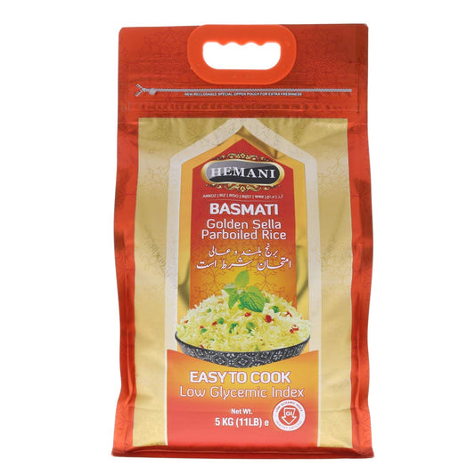 HEMANI Basmati Golden Sella Parboiled Rice 11LB - Great Value Savings - 1 LB FREE - Easy to Cook - Low Glycemic Index