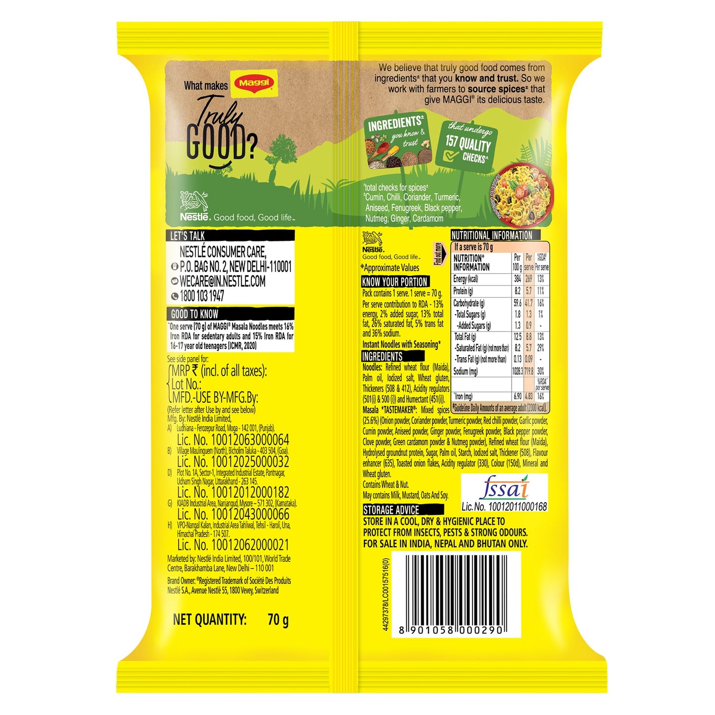 Maggi 2 Minute Masala Noodles, No Onion No Garlic, 70g