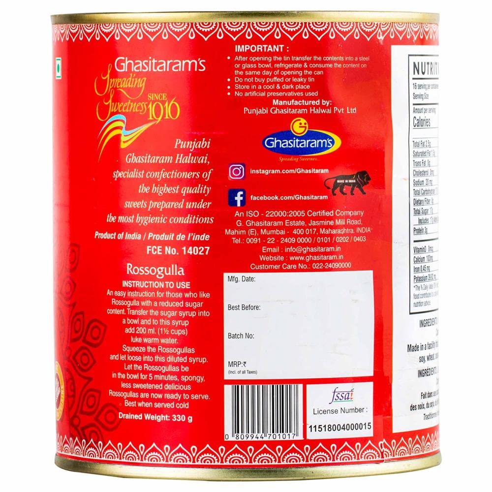 GHASITARAM'S Rossogulla Tin For Every Indian Traditional Festival, Indian Mithai, Famous Indian Sweets 1 KG
