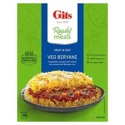 Gits Veg Biryani (long grain aromatic Indian Basmati rice) + Chickpeas masala (Chana Masala) Large Chickpeas cooked in a light Onion & tomato with mild spices. Microwave for 1-2 mins. Ready to Eat.