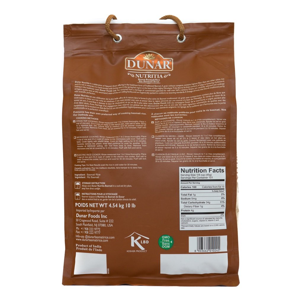 Dunar Nutritia Brown Basmati Rice, Himalayan, 10 Pound