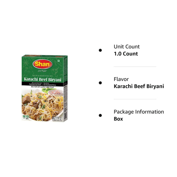 Shan Karachi Beef Biryani Recipe and Seasoning Mix 2.11 oz (60g) - Spice Powder for Hot and Spicy Beef Pilaf - Suitable for Vegetarians - Airtight Bag in a Box