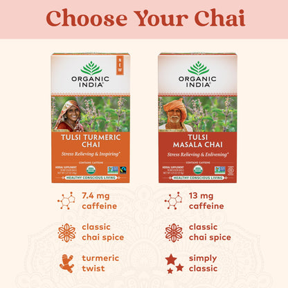 Organic India Tulsi Masala Chai Herbal Tea - Holy Basil, Stress Relieving & Enlivening, Immune Support, Vegan, USDA Certified Organic, Black Tea, Antioxidant, Caffeinated - 18 Infusion Bags, 6 Pack